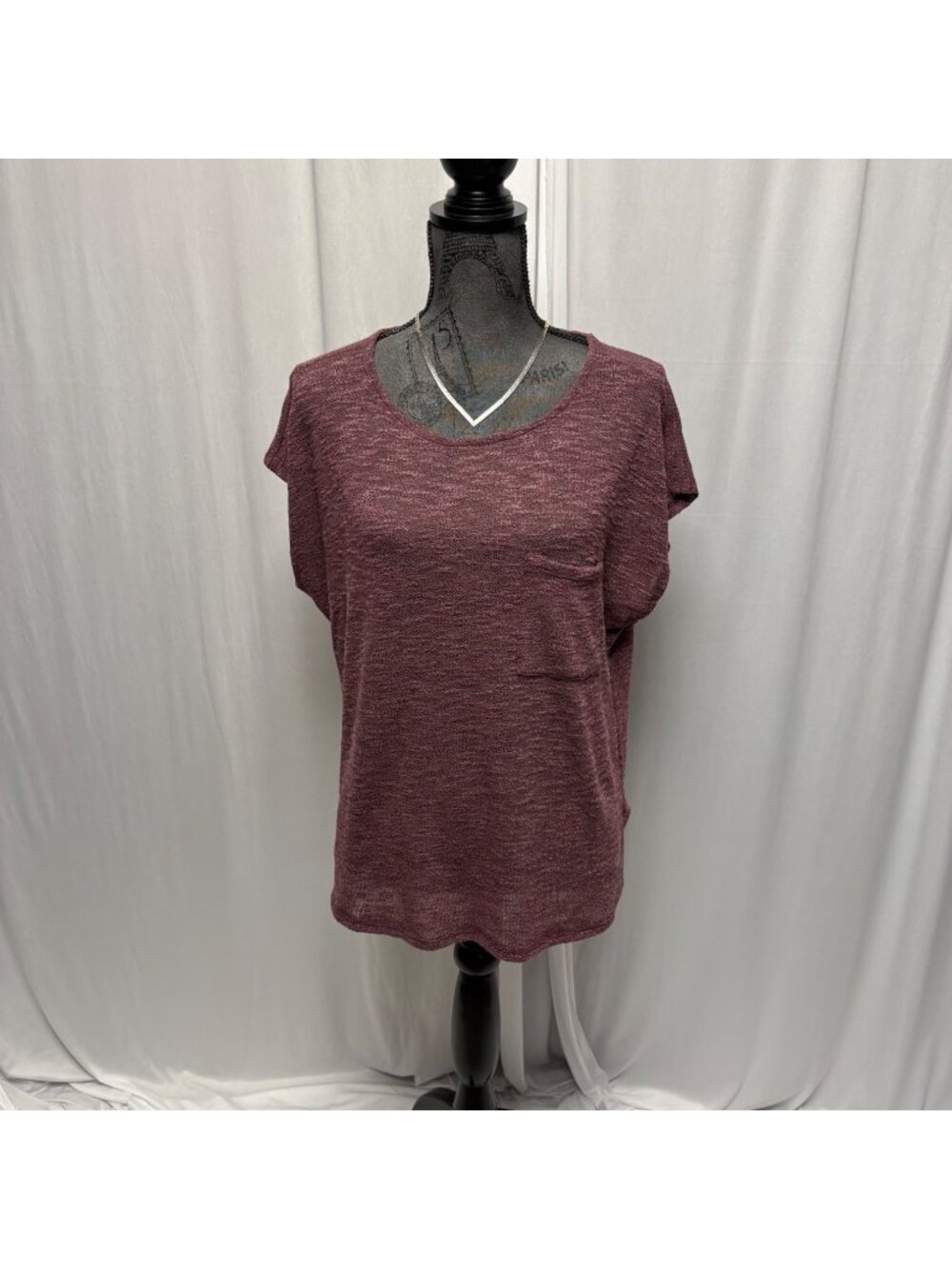 Gilli Rachel Knit Top Womens XL Burgundy Round Neck Short Sleeve Semi Sheer NEW